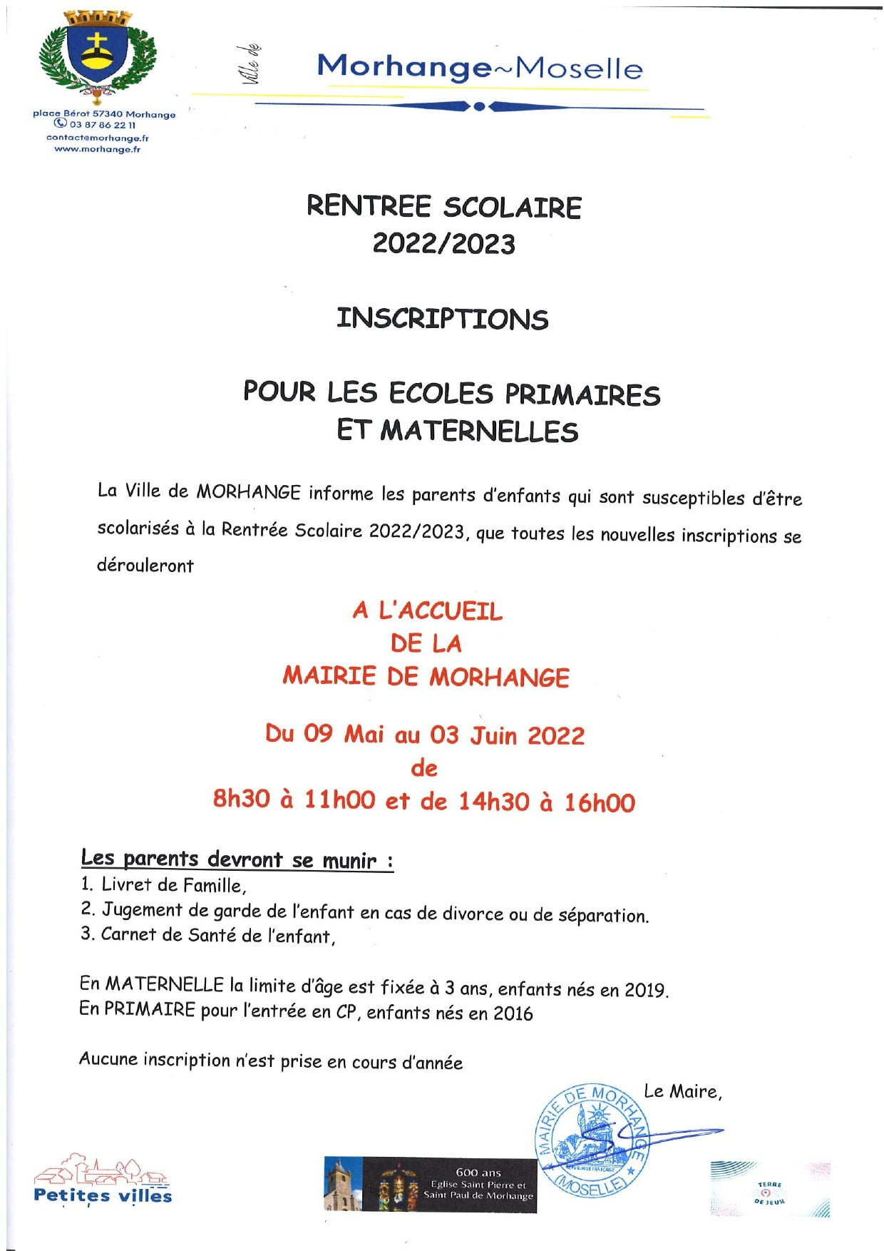 Rentrée scolaire 2022/2023 Inscriptions